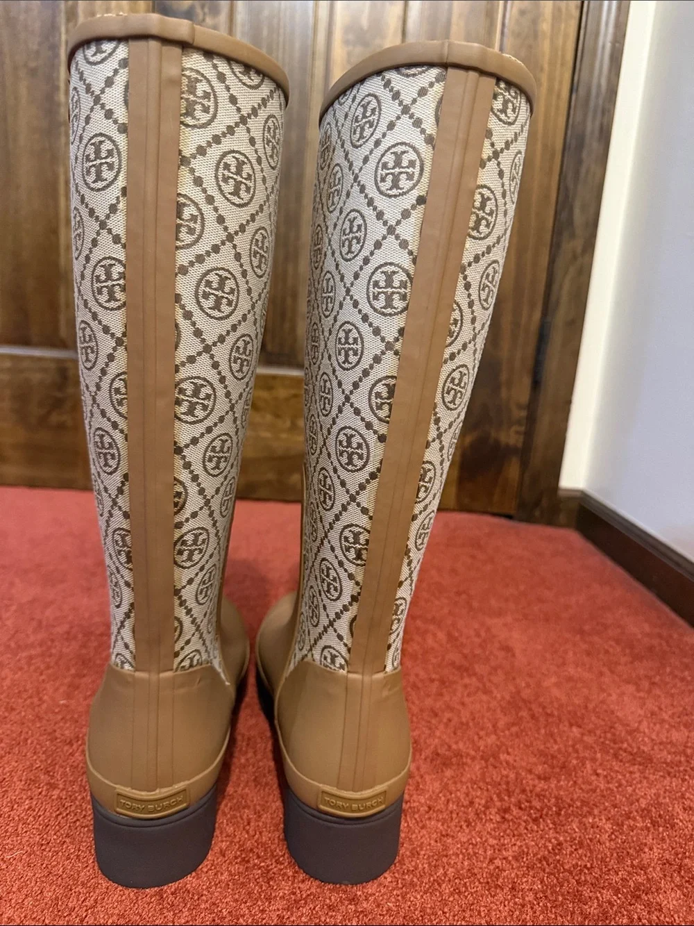 Tory Burch Tan Logo-Pattern Tall Rain Boots NWB